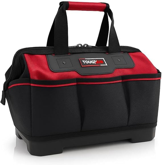 14 Inch Tool Bag Heavy Duty with Hard Base – 1680D Water Resistant Wide Mouth Tool Storage Bag, 10 Pockets, Holds up to 25kg – for Electricians, Plumbers, Mechanics, Builders & DIY
