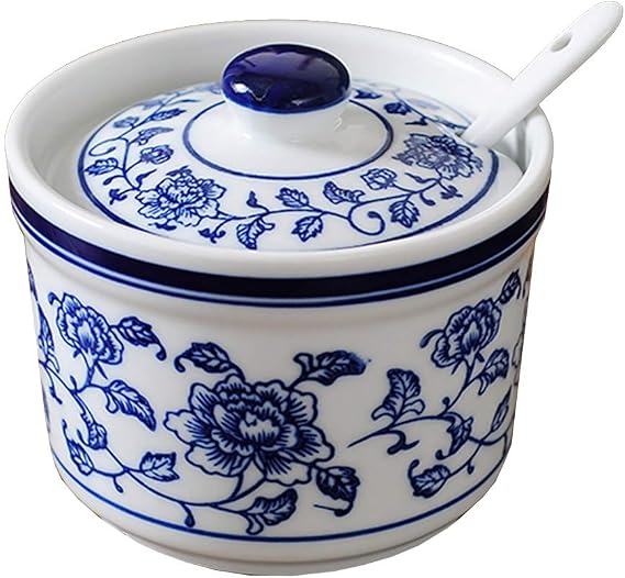 Retro Ceramic Blue and White Sugar Bowl Seasoning Pot Storage Jar with Lid