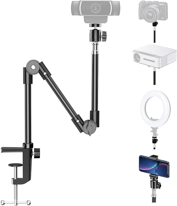 KDD Webcam Stand Camera Mount with Cell Phone Holder 22" Foldable Flexible Gooseneck Phone Clamp & Table Projector Mount for Logitech C922 C930e C920S C920 C960 Brio 4K Gopro Hero 8 7 6 5