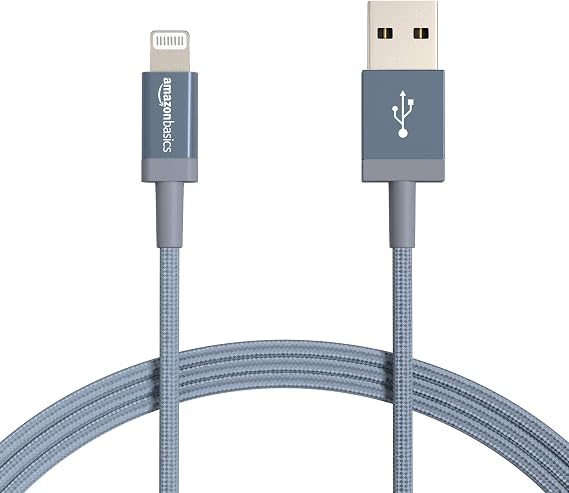 Amazon Basics USB-A to Lightning Charger Cable, Nylon Braided Cord, MFi Certified Charger for Apple iPhone 14 13 12 11 X Xs Pro, Pro Max, Plus, iPad, 1.8 m, Dark Gray
