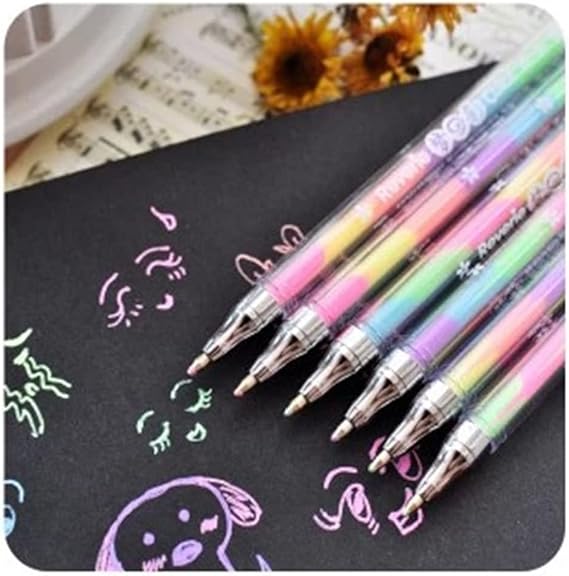 Rainbow Color Pen - 12 Pack of 6-in-1 Multi Color Ink Gel Pens 0.8mm Roller Ball Office School Supplies Ballpoint Pen Fluorescent Refills Painting