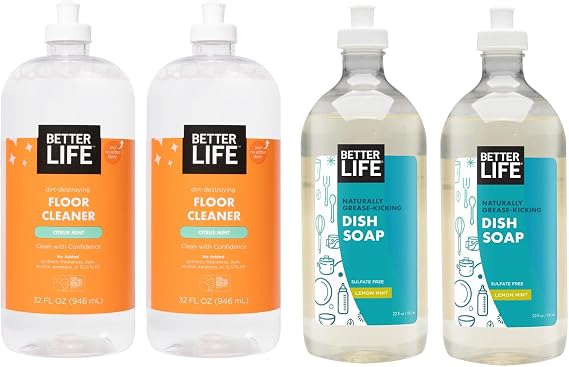 Better Life Floor Cleaner Citrus Mint 32 Oz 2 Pack + Dish Soap Lemon Mint 22 Oz 2 Pack
