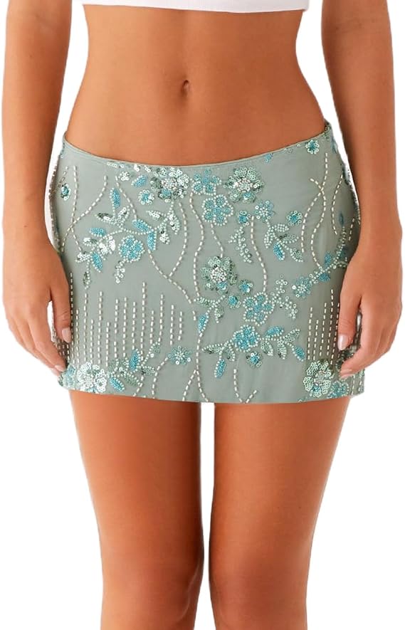 Women Y2k Sequin Mini Skirt Beaded Floral Embroidery Short Skirt Summer Rhinestone Glitter Night Out Clubwear