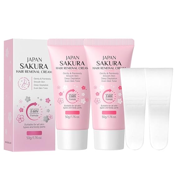 Sakura Hair Removal Cream for Women and Men, Painless Depilatory Cream for Body Legs Arms Underarms, Bikini Pubic & Intimate Areas, Fast, Gentle Formula, With Scraper, Skin Friendly, Home or Travel