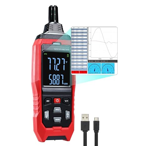 Humidity and Temperature Data Logger Digital Psychrometer HVAC Wet Bullet Thermometer 4000 Data Storable & Exportable Large LCD with Alarm