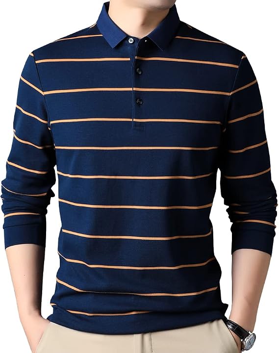 Men's Cotton Striped Long Sleeve T-Shirt with Collar