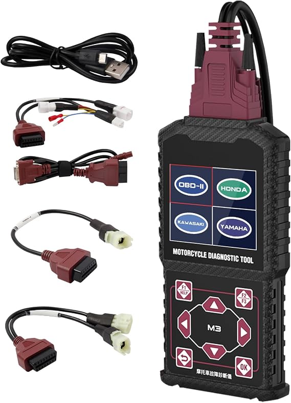 Motorcycle System Diagnostic Test Measurement Tool M3-A Motorcycle Fault Code Reader Scan Tool Moto Diagnostic Test Measurement Tool Compatible with Yamaha 2/3/4P, Kawasaki 4-6P, Honda 4P, OBDII 16P