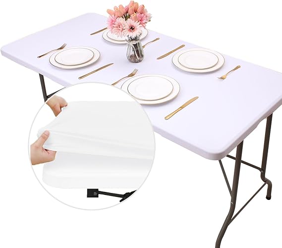 Kesfey White Elastic Fitted Tablecloths for 4 FT Folding Table 24x48inch Picnic Polyester Tablecloth Rectangle Table Cloth with Elastic Washable Table Cover for Picnic Camping Banquet and Parties