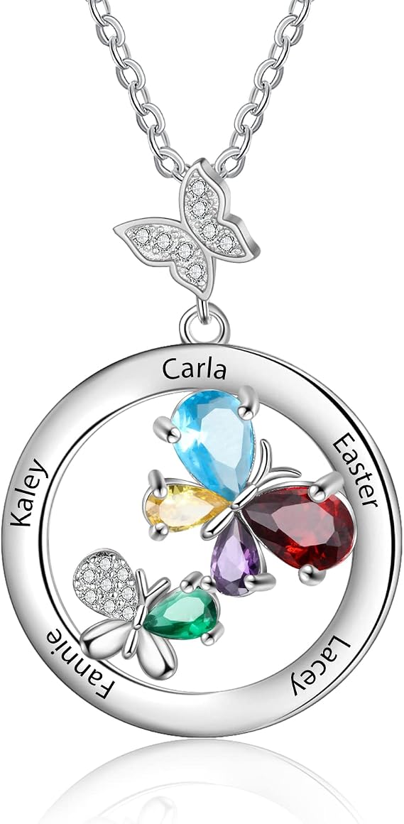 Butterfly Pendant Necklace for Women Personalized 2-6 Name Necklace with Simulated Birthstone Free Engraved Name Necklace Promise Necklace for her Mother Daughter Thanksgiving Day Christmas (5 name)