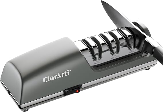 Electric Knife Sharpener 3-Stage Diamond Sharpening System for Straight & Serrated Kitchen Knives, Guided 20 Angle, Compact Design
