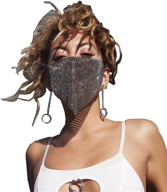 Sparkly Rhinestone Face Masks for Women Girls Glitter Crystal Nightclub Mouth Covered Rave Masquerade Mask Jewelry