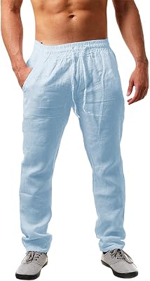 Mens Linen Pants Summer Yoga Beach Baggy Trousers Loose Fit Straight-Legs Elastic Drawstring Waist Casual Pants