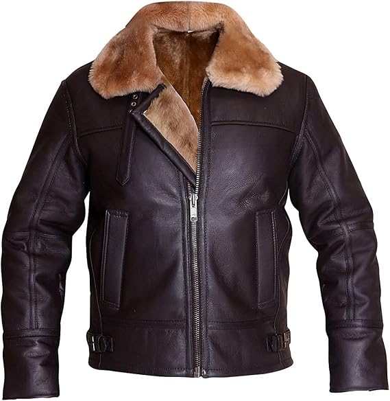 B3 Ginger Brown Bomber Aviator Real Shearling Sheepskin Leather Jacket