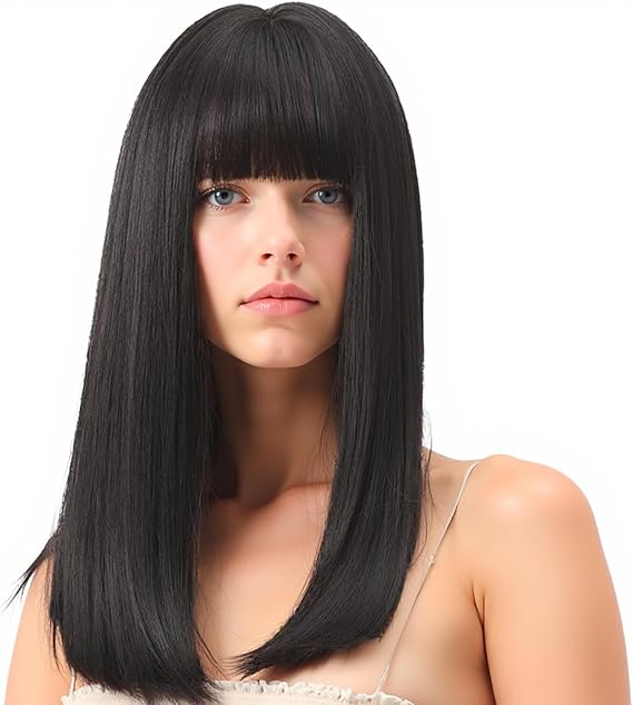 Black Straight Bob Wig with Flat Bangs for Women - Synthetic Hair Cosplay Halloween Fancy Dress