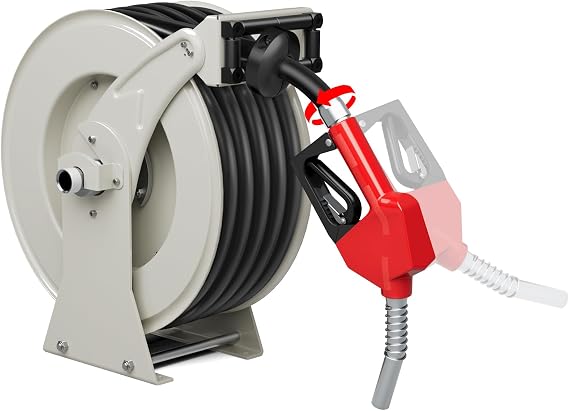 Diesel Fuel Hose Reel 3/4'' x 50ft, Fuel Hose Reel with Fueling Nozzle 300PSI Retractable Industrial Heavy Duty Swivel Steel Construction Reel for Ship Vehicle Tank Truck Trailer Cart