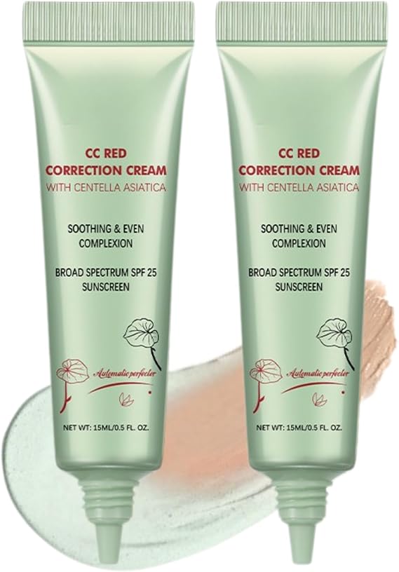 2Pcs CC Red Correct with Centella Asiatica,Colour Changing Foundation, Green Colour Corrector with SPF 25,Lightweight CC Cream Foundation for Uneven Tone, Pore Blurring Face Base 15ml