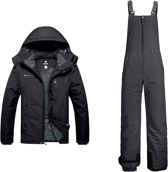 GEMYSE Men's Mountain Waterproof Ski Snow Jacket Winter Windproof Rain Jacket+Ski Bibs(Grey Black+Black,Large)