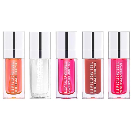 5-Color Plumping Lip Glow Oil Set - Hydrating Cherry-Infused Lip Gloss, Non-Sticky Long-Lasting Moisturizing Lip Balm for Dry Lips, Transparent Shine Lip Plumper