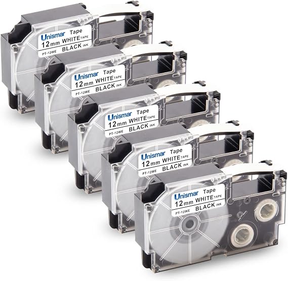 Unismar Replacement for Casio XR-12WE 12mm Black on White Label Tape 5-Pack