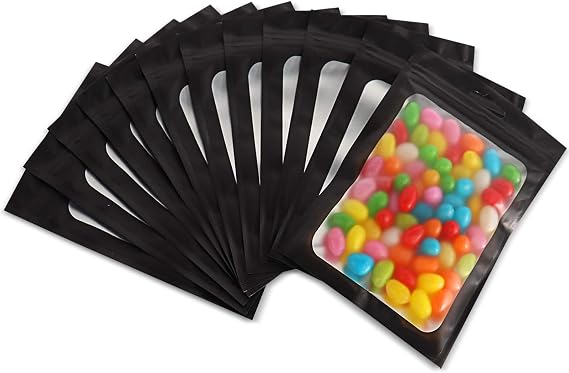 100Pcs Mini Resealable Mylar Bags with Window, Smell Proof Zip Lock Food Storage Bags Foil Pouch for Packaging Small Business Candy Sample Jewelry (Black, 3x4.7 Inches)