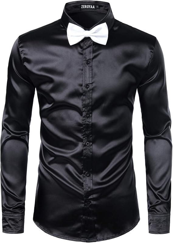 ZEROYAA Men's Luxury Shiny Silk Like Satin Button Up Dress Shirts