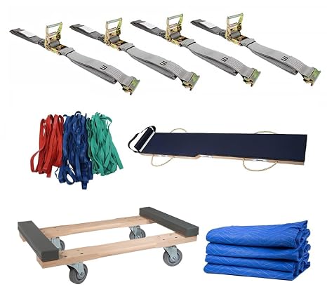 Mytee Products 6' Piano Moving Skid Safety Board Kit - Piano Moving Pad w/ 18"x32" Rubber Cap Dolly, 4Pc E Track Ratchet Straps 2"x16', 4Pc Economy Moving Blanket & 36Pc Variety Moving Rubber Bands