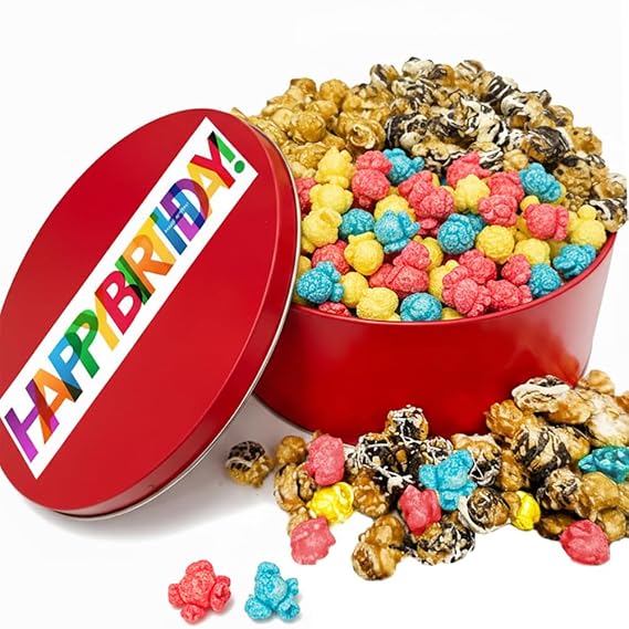 Birthday Popcorn Gift For Men Women Children Tin Assortment Caramel Candied Drizzled Food Gourmet Treats