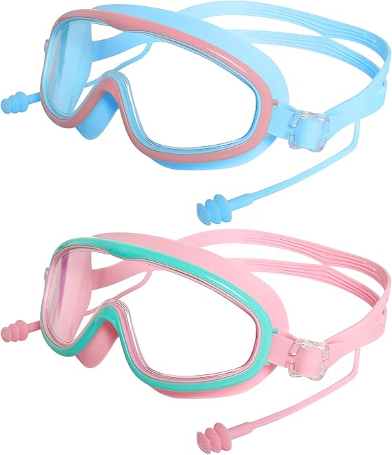 2Pcs Pink and Blue Swimming Goggles No Fog Swimming Goggles With 2 Earplugs for Boys Girls No Leaking Goggles Swimming Wide Vision Swim Goggles for Child 6-14