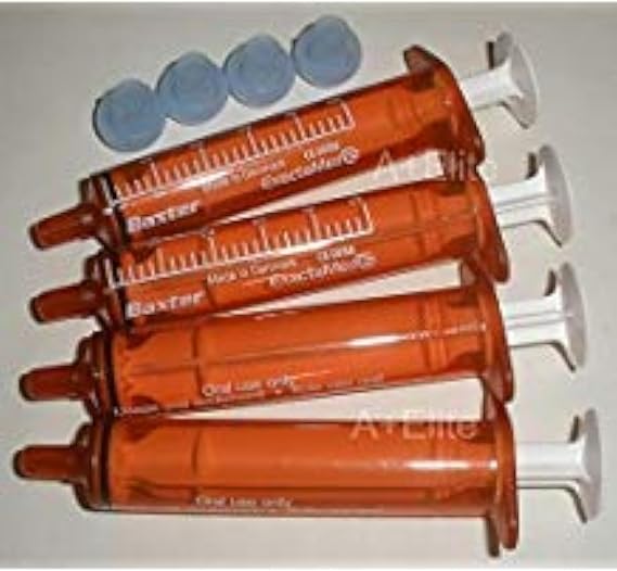 BAXA ExactaMed Oral Liquid Medication Syringe 5cc/5mL 4/PK Amber Medicine Dose Dispenser with Cap Exacta-Med Baxter Comar Latex Free