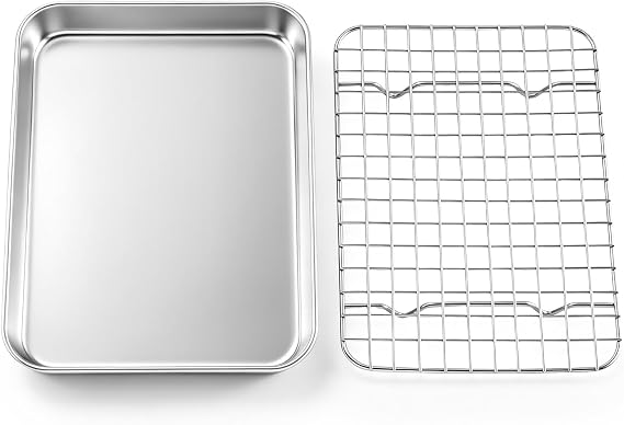 TeamFar Stainless Steel Toaster Oven Pan with Rack Set, 9"x7"x1"