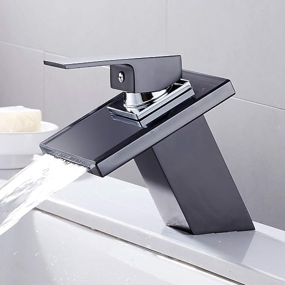 Waterfall Basin Sink Mixer Tap Chrome Modern Bathroom Lever Faucet Glass Spout Single Handle Washroom Basin Mixer Taps Black