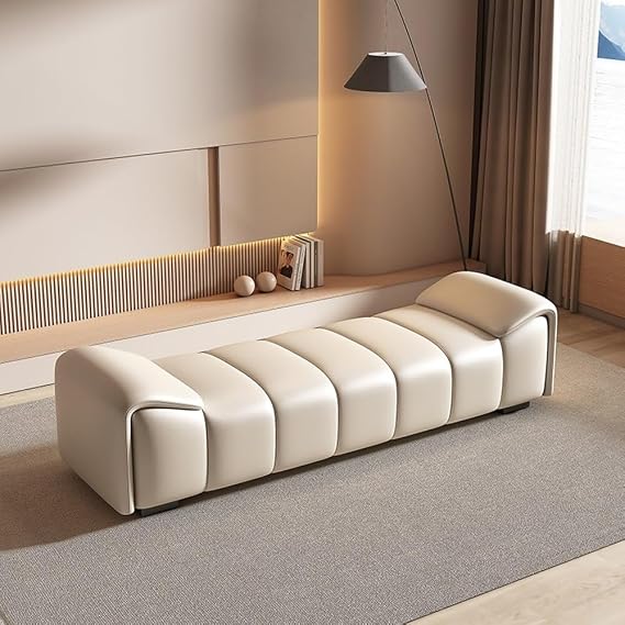 Modern Leather Bed End Stool Simple Modern Bedroom Bedside Stool Light Luxury Cloakroom Long Bench Shoe Bench Decorative(Cream White,Small)