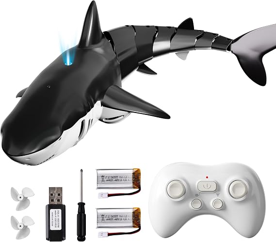 2.4GHz Remote Control Shark Toy for Pool, 1:18 Scale High Simulation RC Shark with Light & Spray Water, Electric Remote Controlled Swimming Toy Boat for 6 7 Year olds Kid Boys (Black)