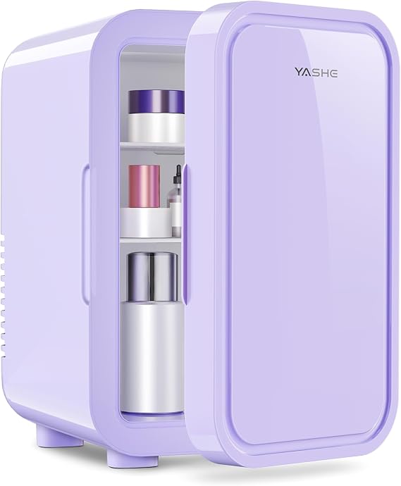 YASHE Mini Fridge, 6 Liter/8 Can 220-240V AC/DC Portable Thermoelectric Cooler Refrigerators for Bedroom, Skincare, Beverage, Office, Dorm Room and Car, Purple