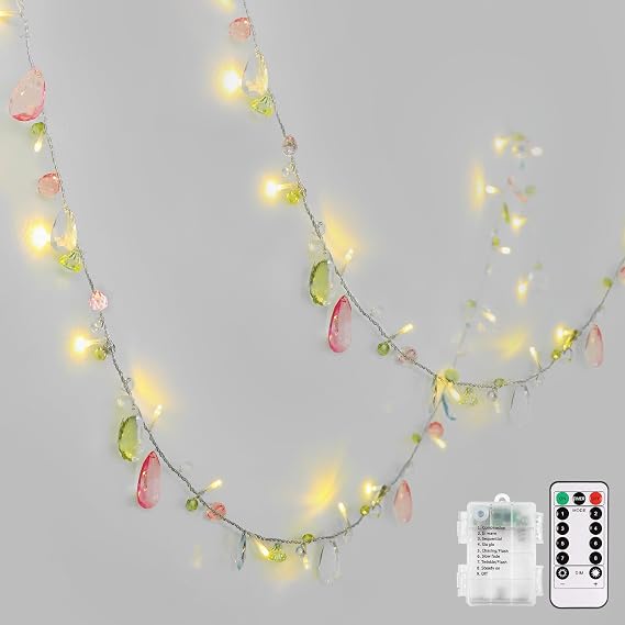 Battery Operated String Lights 30LEDs Bohemia Style Pink Jewels String Lights Holiday Decorative Battery Fairy Lights Twinkle 8 Modes Remote Timer