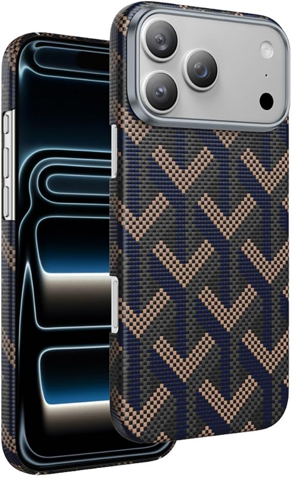 Apple iPhone 17 Pro Max ile Uyumlu Kevlar Karbon Kılıf, Prague Desenli, MagSafe Kapak, Lacivert