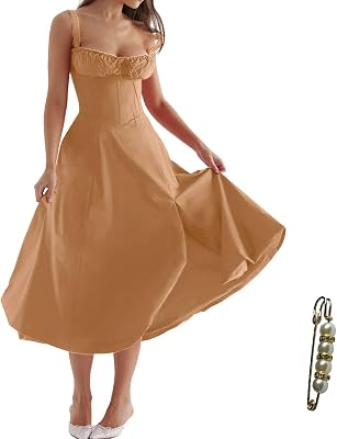 Womens Midi Dress Adjustable Straps Lightweight Casual Everyday A-Line Dress