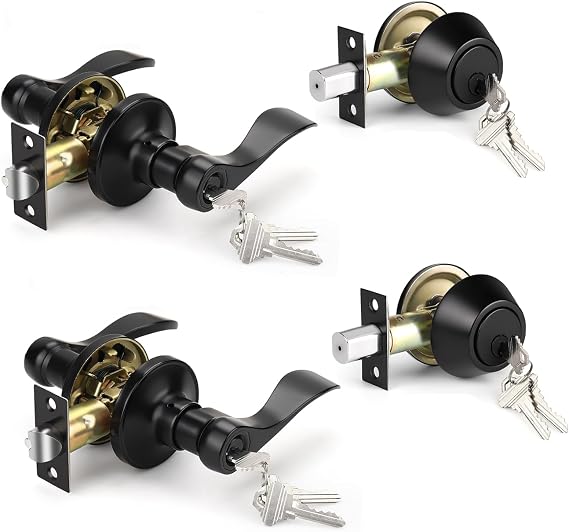 Knobonly 2 Pack Keyed Alike Front Door Handle with Single Cylinder Deadbolt, Matte Black Exterior Door Lock Set, Zinc Alloy