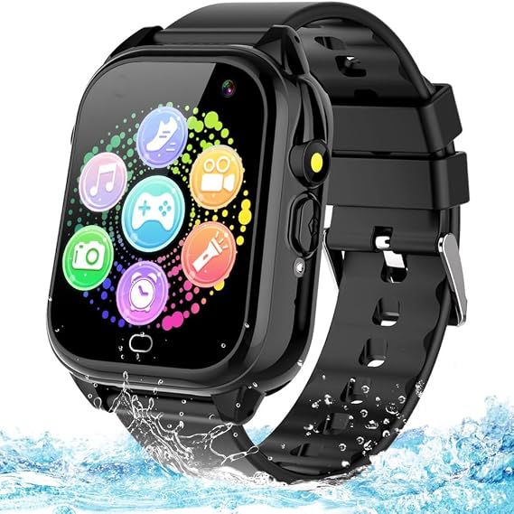 Waterproof Kids Smart Watch for 3-12 Years Old Boys Girls Toys with 26 Game Video Camera Pedometer Music Player Alarm Clock Calculator 1.44'' HD Touchscreen Learning Toys Birthdays Gifts (Black)