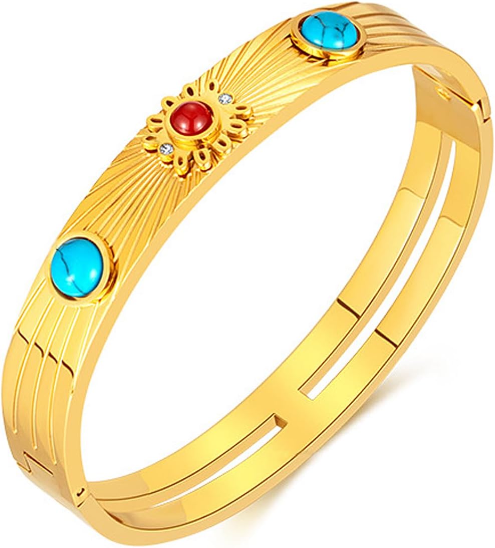 Gold Womens Bracelet | 14K Gold Plated Womans Bracelet | Womans Solid Bangle with Natural Gemstones | Small Bracelet Jewelry Gifts for Women Turquoise & Garnet, 6.8 in