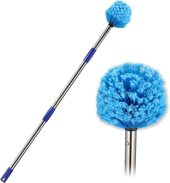Cobweb Duster with Extension Pole, 8 FT Dusters for Cleaning, Spider Web Brush with Lightweight Stainless Steel Pole and Medium-Stiff Bristles Head, Long Handle Duster Easy Reach High Ceilings
