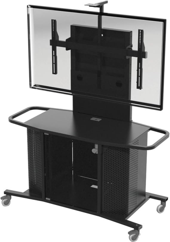 AVFI MC1000-S All Metal Monitor Cart + Single Monitor Mount, Black, Camera Shelf, Built in Handles, Perforated Sides, Locking Acrylic Door, Removable Rear Covers, Heavy Duty Casters (2 Locking)