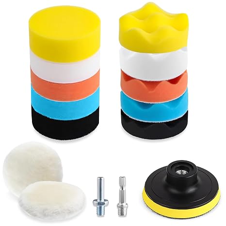 Drill Polishing Buffing Pads Kit 15 PCS - 3 Inch Foam Pads, Wool Pads, Velcro Backing Pad, Drill Adapter & Connectors for Car Polisher, Waxing, Sanding, and Buffing