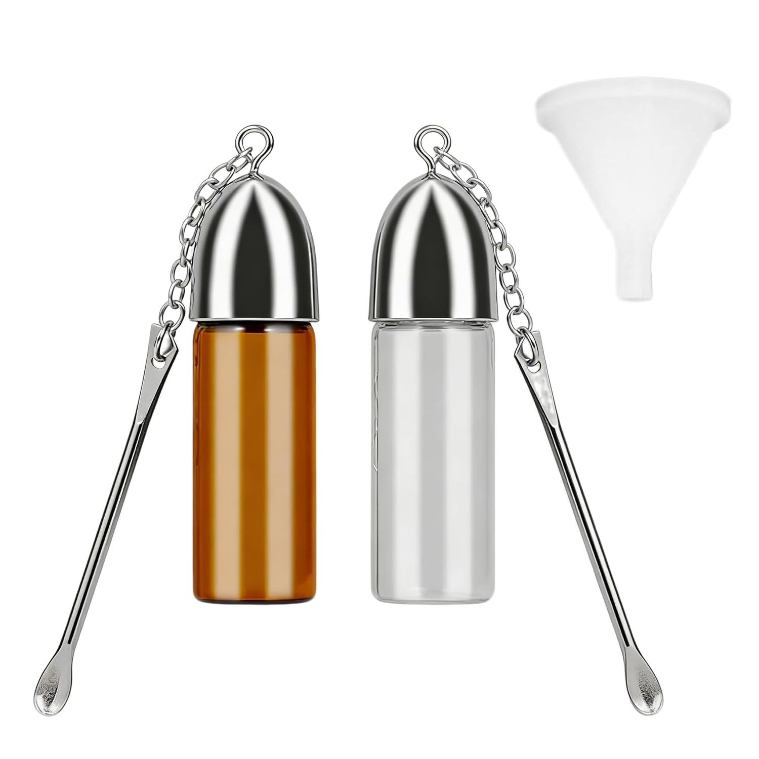 Spoon Bottles With Small Funnel,2 Pcs Portable Spice Powder Tool,Glass Spice Bottles with Small Metal Spoon,2 Colors Mini Storage Bottle for Outdoor Camping Travel