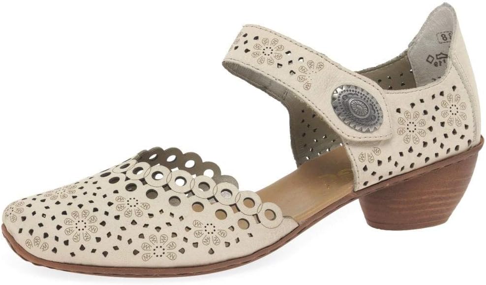 Rieker 43753 Mirjam Women's Mary Jane Heels - Low-Heel Leather Shoes with Adjustable Ankle Strap & Laser-Cut Design - Comfortable Womens Heels for Casual & Dressy Wear