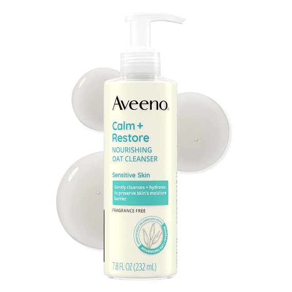 Aveeno Calm + Restore Nourishing Oat Face Cleanser, Daily Hydrating Facial Cleanser for Sensitive Skin with Nourishing Oat & Feverfew, Hypoallergenic, Non-Comedogenic, Fragrance-Free, 7.8 Fl Oz | Daily Hydrating Facial Cleanser, Sensitive Skin, Nourishing Oat & Feverfew, Hypoallergenic, Non-Comedogenic, Fragrance-Free