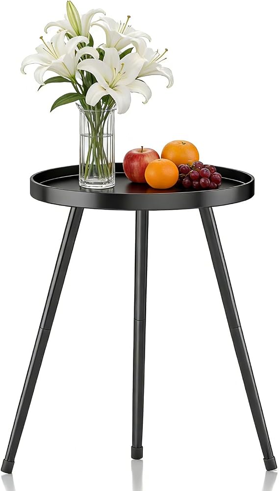 Small Round Side Table, Black Metal End Table Night Stand for Bedroom Living Room Office