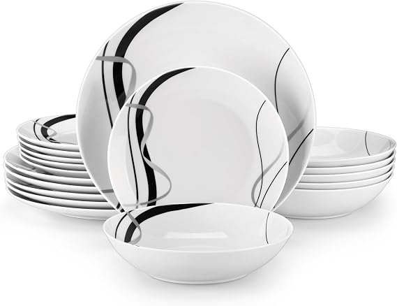 VEWEET Porcelain Dinnerware Sets for 6, 18 Piece Plates Bowls Set, FIONA