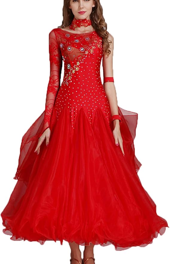 Lace Ballroom Dancing Dresses Shiny Modern Waltz Competition Costume Long Sleeves Tango Latin Performance Dress