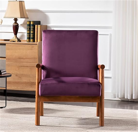 Container Furniture Classic Living Room Mid Century Modern Accent Chair with Unique Open-Framed Arm Design and Solid Wood Frame, Velvet Armchair, Eggplant